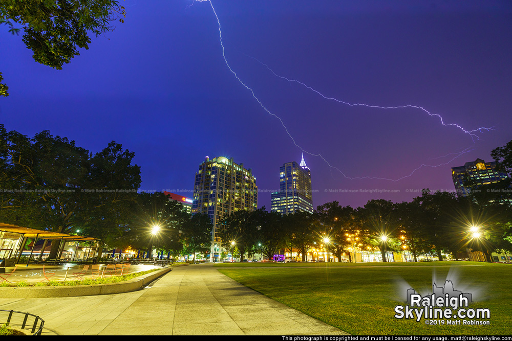 Lightning over downtown Raleigh from Moore Square