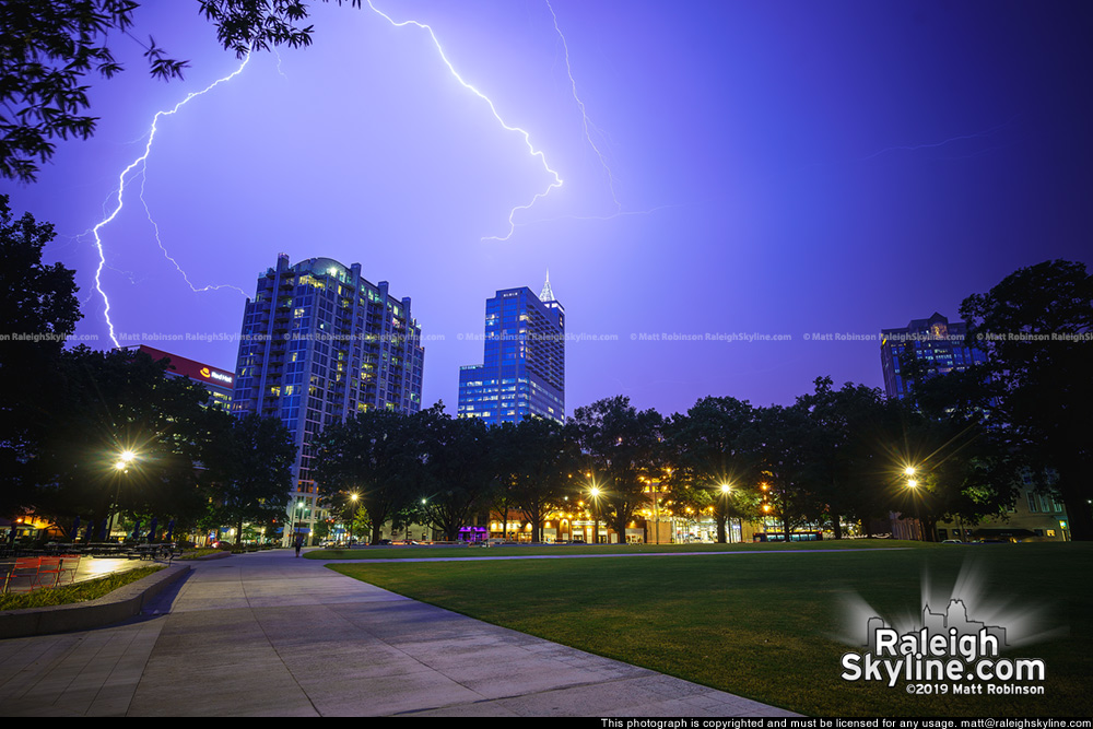 Lightning over downtown Raleigh from Moore Square