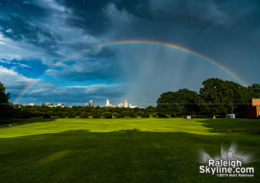 Full rainbow across Dix Park and downtown Raleigh