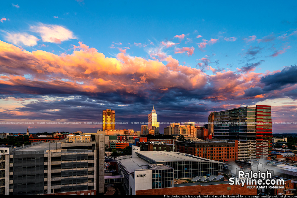 Colorful sunset with downtown Raleigh