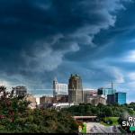 Dramatic clouds behind downtown Raleigh