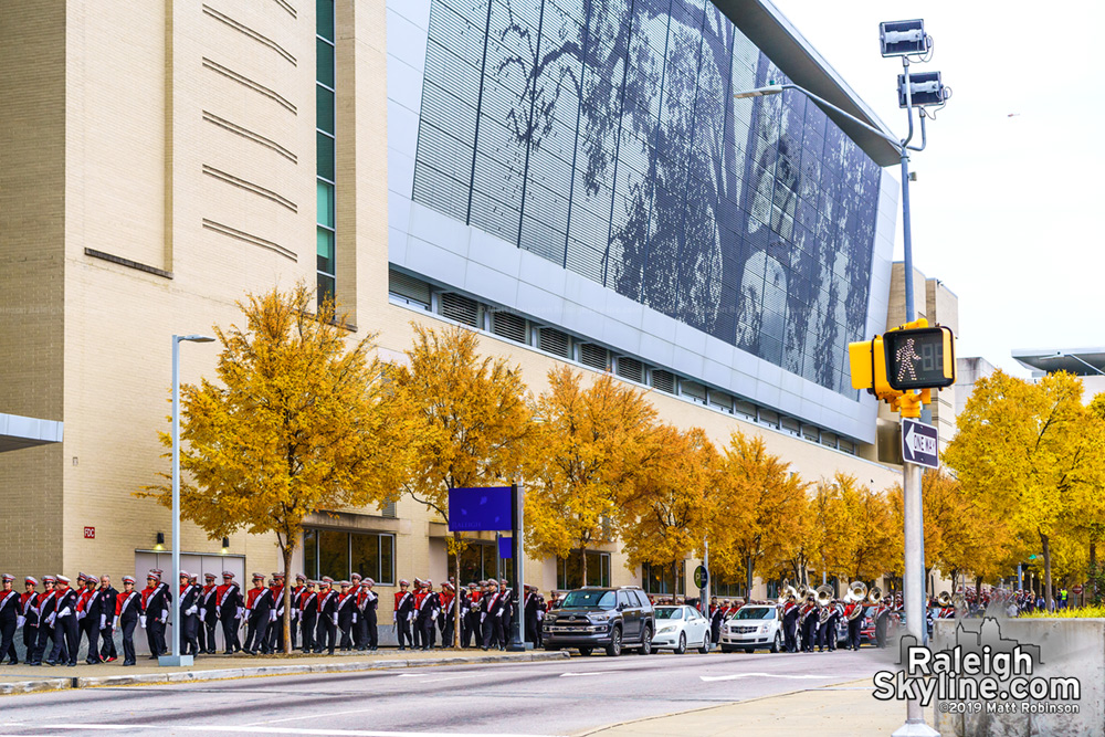 Fall colors in front on the Raleigh Convention Center with Christmas Parade