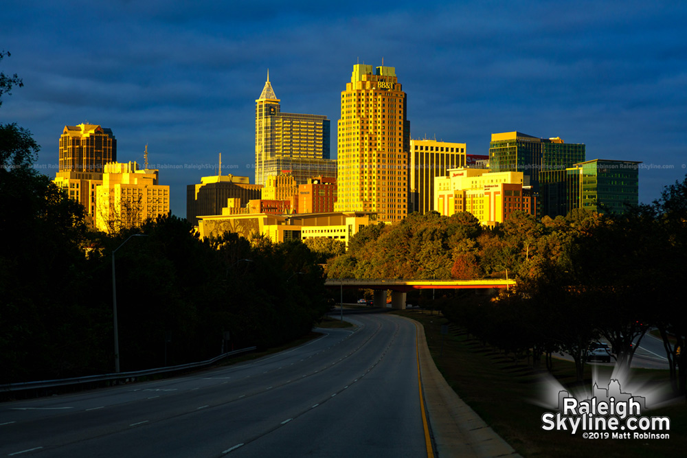 Last fall sunlight on downtown Raleigh skyline 2019