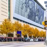 Fall colors in front on the Raleigh Convention Center with Christmas Parade