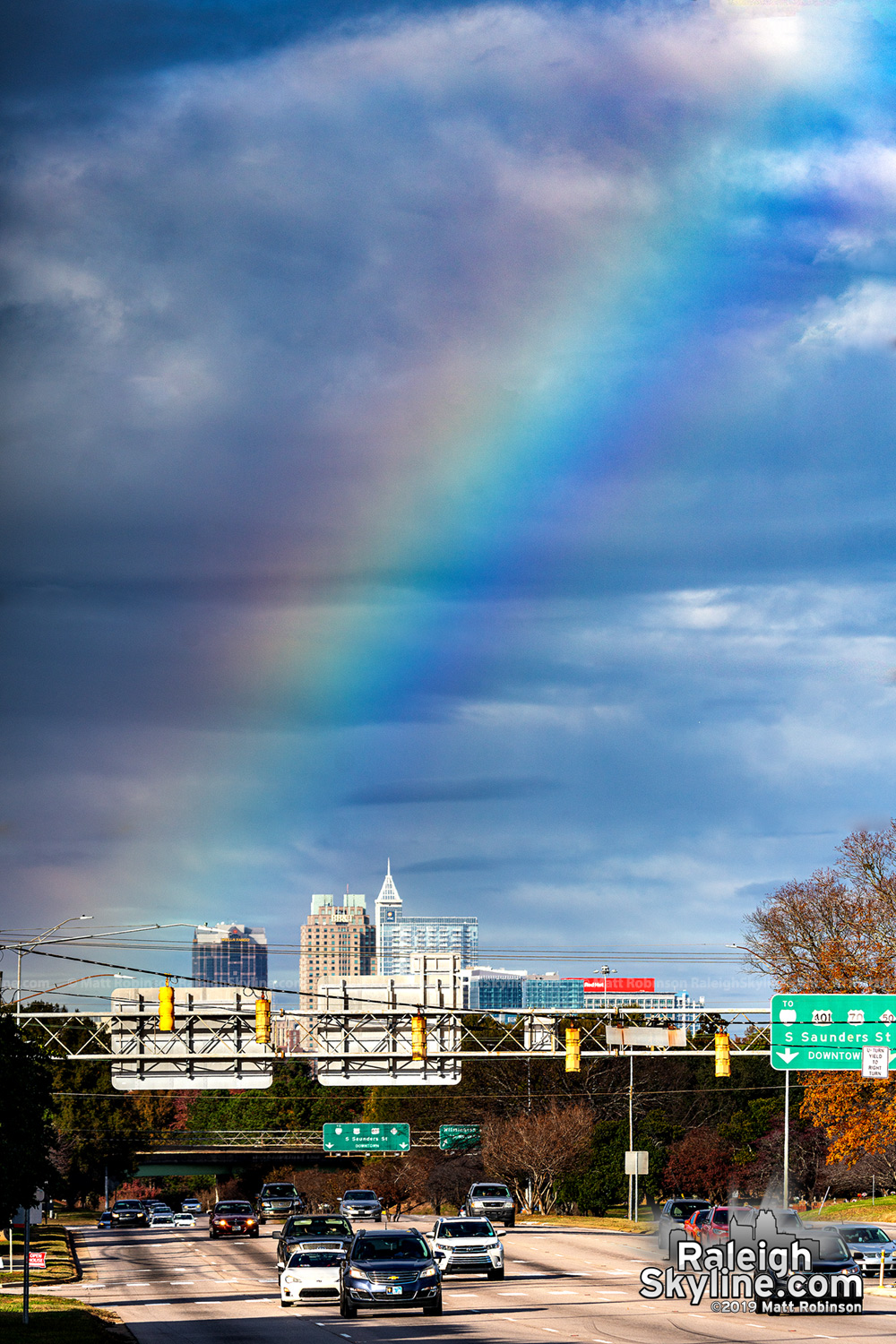 Rainbow into downtown Raleigh from Garner, the eighth rainbow of 2019.