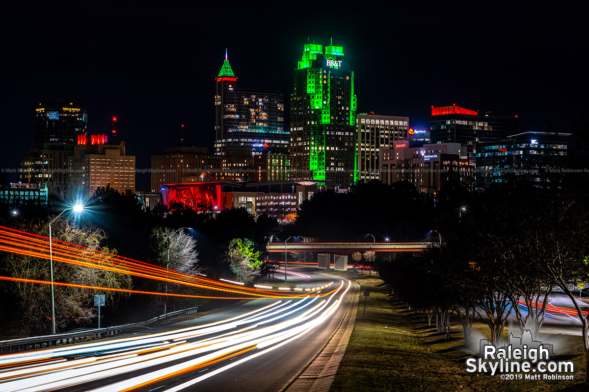 Raleigh skyline is all lit up red and green for the holidays (including the top of the new FNB Tower on the right).