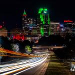 Raleigh skyline is all lit up red and green for the holidays (including the top of the new FNB Tower on the right).