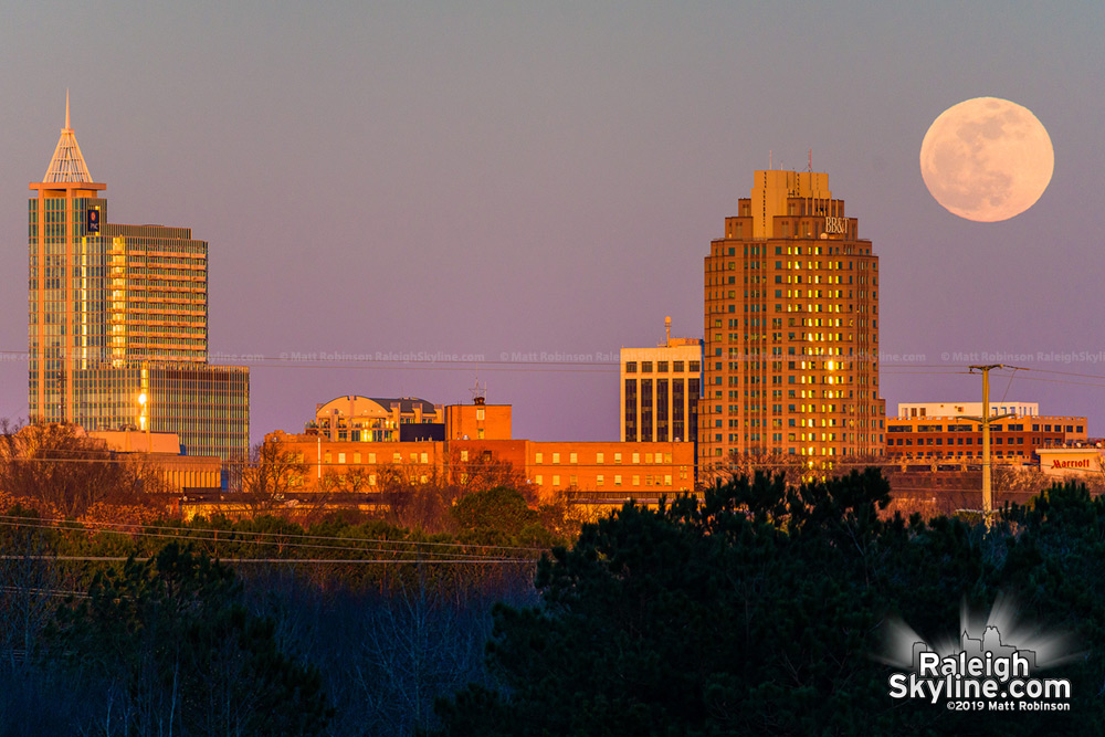 Supermoon at sunset over downtown Raleigh