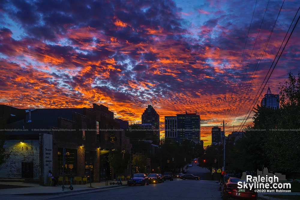 Downtown Raleigh sunset from Davie Street with Transfer Food Hall