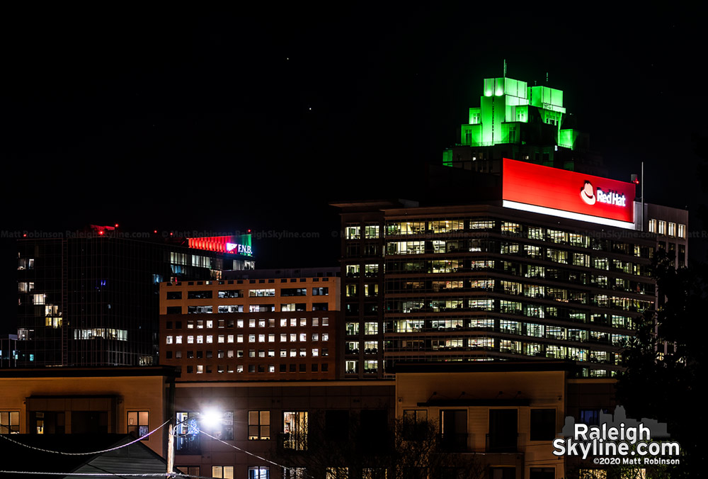 Jupiter and Saturn get closer together approaching their conjunction, seen from downtown Raleigh.