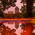 Downtown Raleigh reflects in a rain puddle tonight as the overcast sky turned pink, giving the fall colors a boost at sundown.