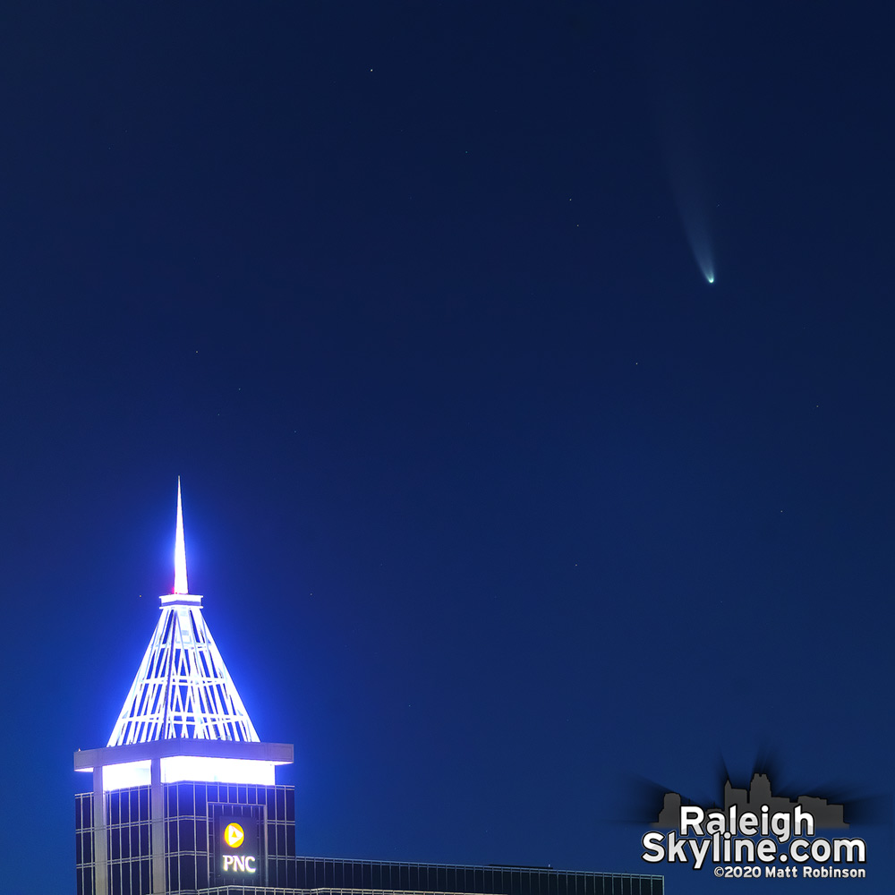 Comet NEOWISE over downtown Raleigh before sunrise on July 10, 2020