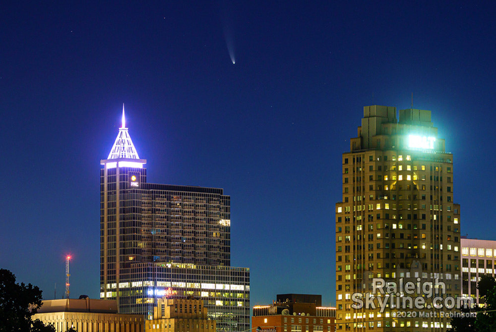 Comet NEOWISE over downtown Raleigh before sunrise on July 10, 2020