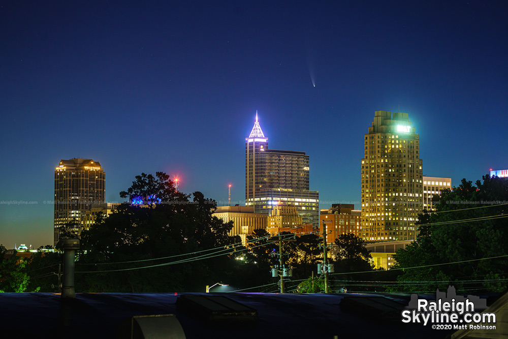 Comet NEOWISE over downtown Raleigh before sunrise on July 10, 2020