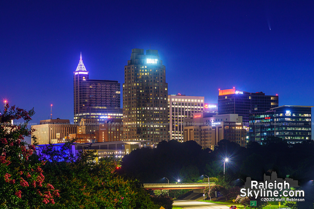 Comet NEOWISE over downtown Raleigh before sunrise on July 10, 2020