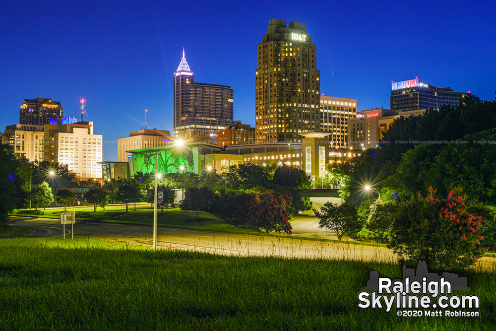 Comet NEOWISE over downtown Raleigh before sunrise on July 10, 2020