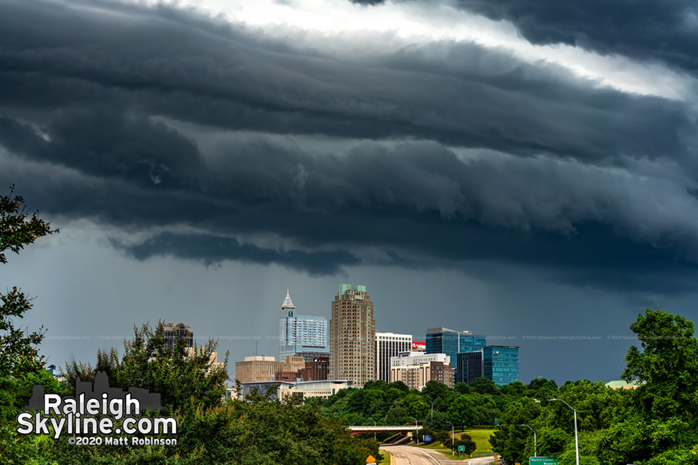 Dramatic shelf cloud looming over downtown Raleigh this evening.