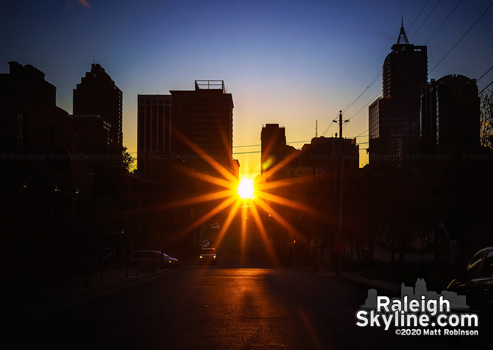 Sunburst as the sun aligns with the downtown Raleigh street grid