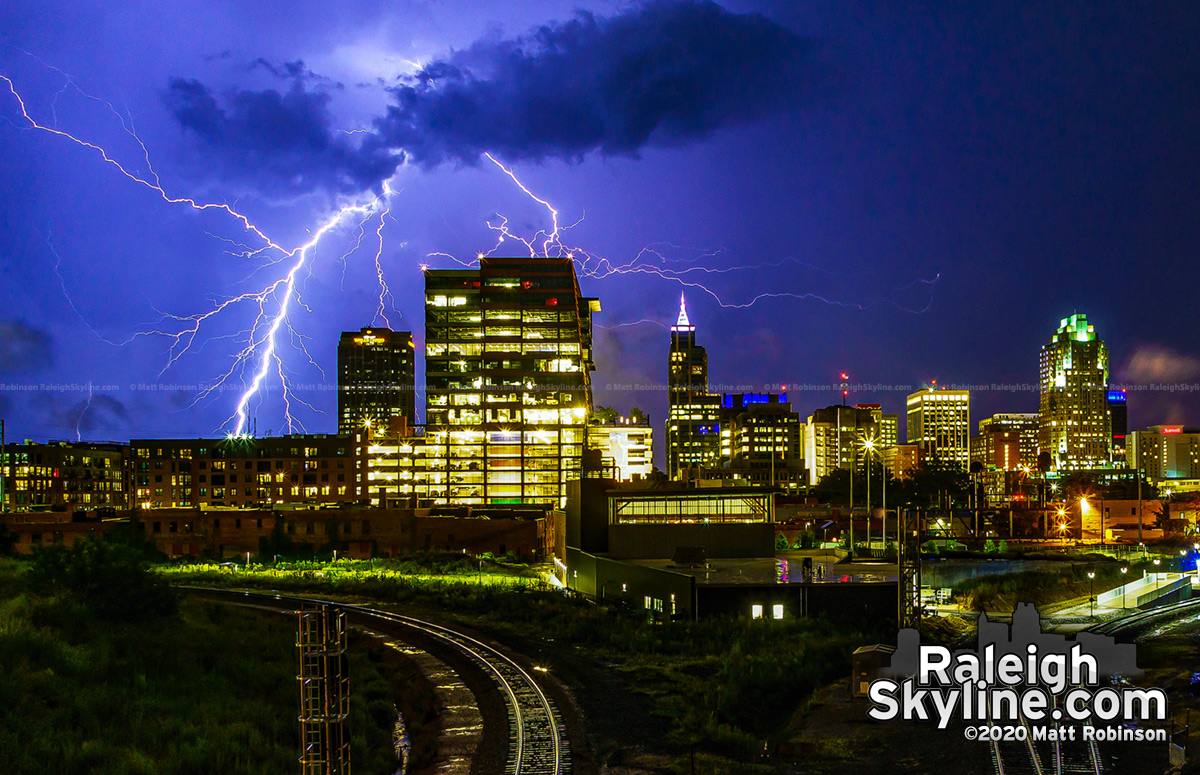 Cloud to ground lightning behind the Raleigh Skyline from Boylan