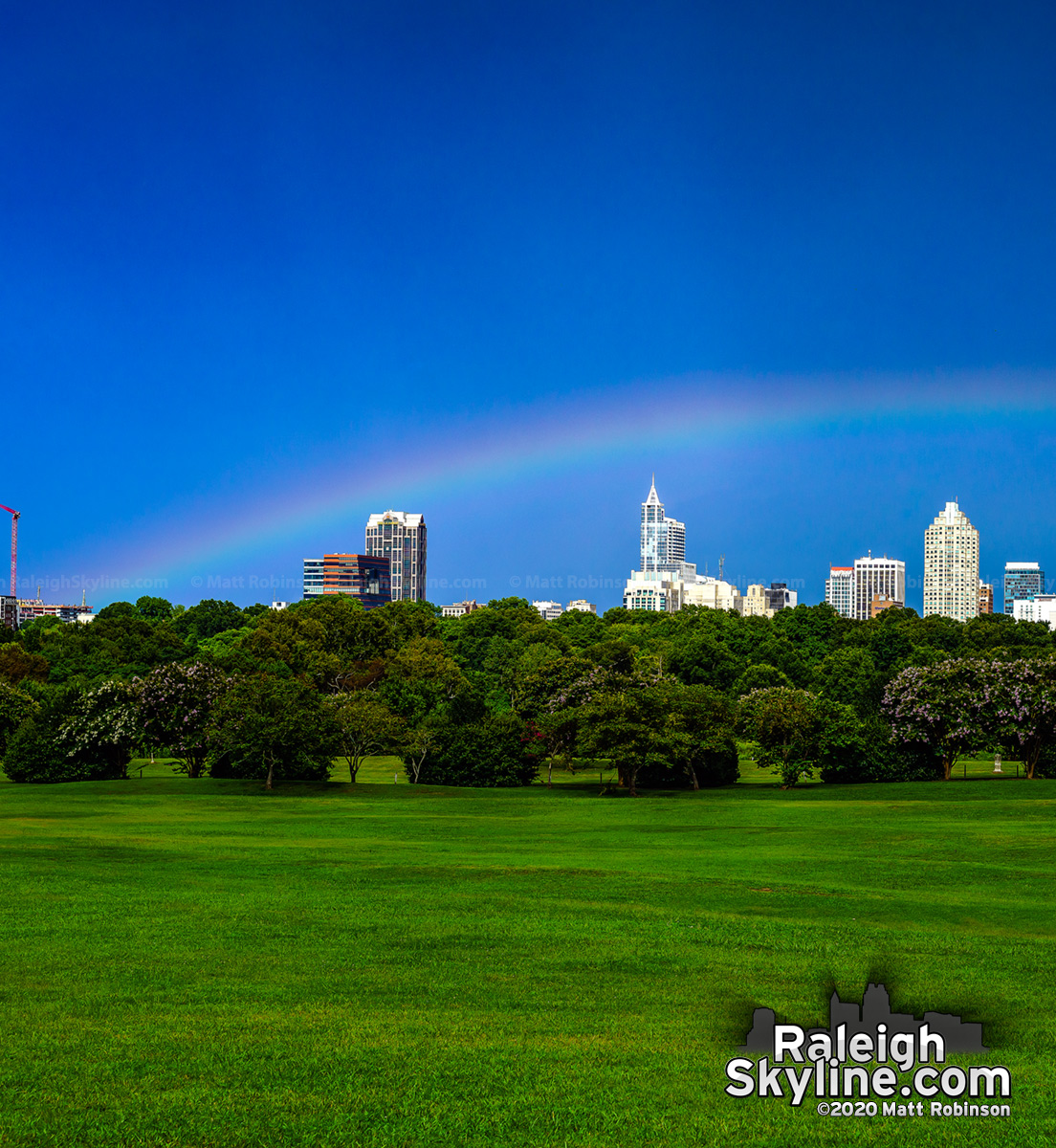 Another low rainbow this afternoon over downtown Raleigh.

Rainbows that occur earlier in the afternoon will appear lower on the horizon due to the sun's position being higher in the sky.