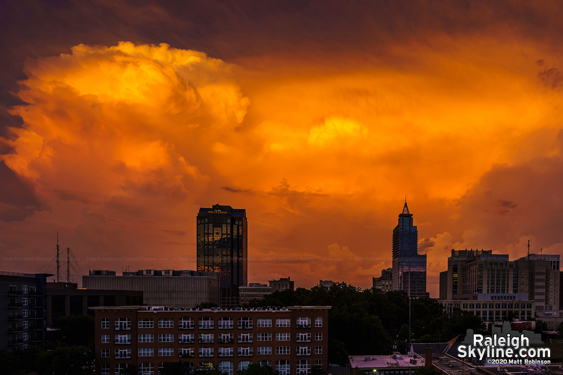 A thunderstorm to the east of downtown Raleigh lit up just after sunset on August 8, 2020