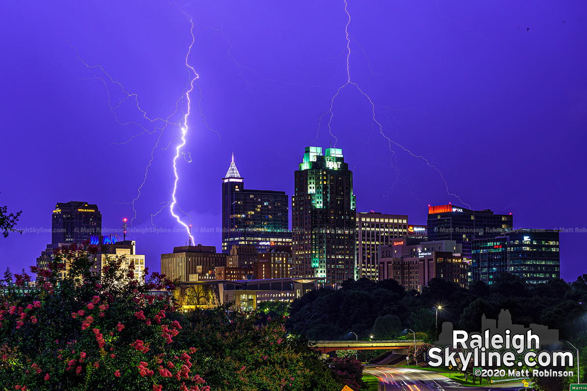 The clock strikes midnight in Raleigh on July 10, 2020. ⚡ Downtown Raleigh lightning