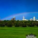 Another low rainbow this afternoon over downtown Raleigh.

Rainbows that occur earlier in the afternoon will appear lower on the horizon due to the sun's position being higher in the sky.