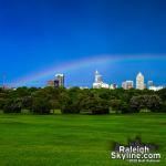 Another low rainbow this afternoon over downtown Raleigh.

Rainbows that occur earlier in the afternoon will appear lower on the horizon due to the sun's position being higher in the sky.