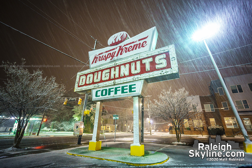 Raleigh Krispy Kreme Donut sign in the snow