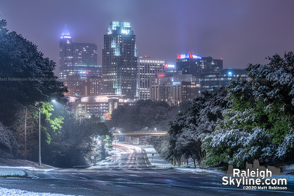 Snow covered trees with downtown Raleigh