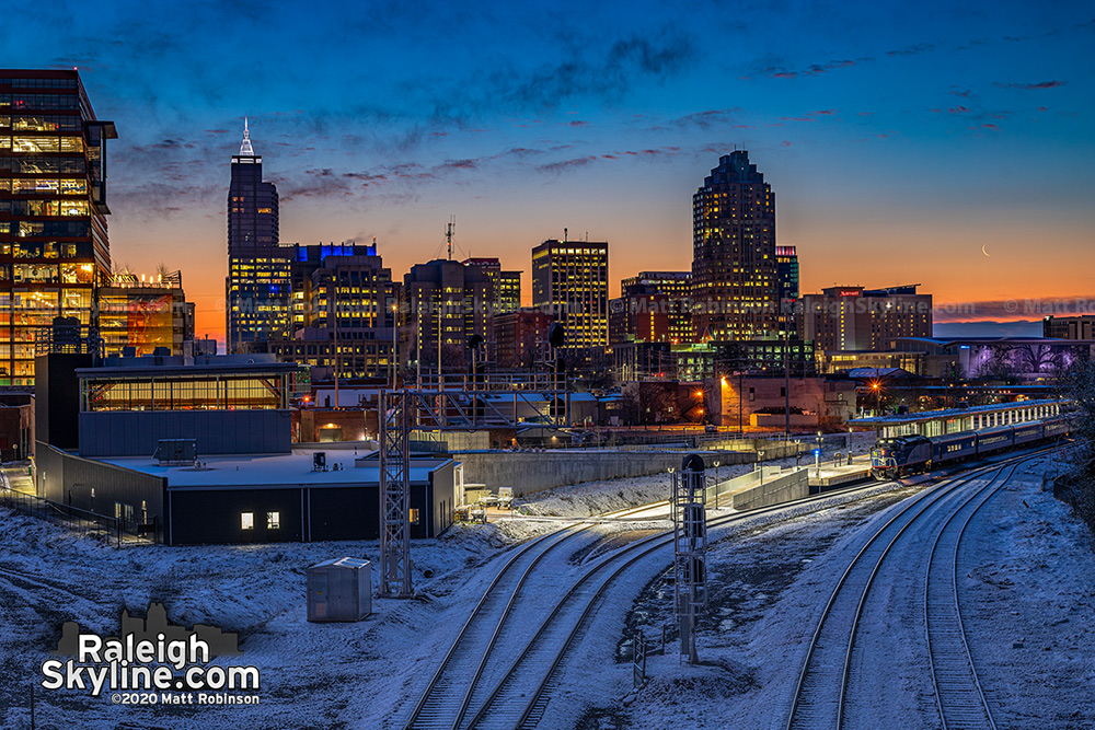 Sunrise view of downtown Raleigh on February 21, 2020 with snow