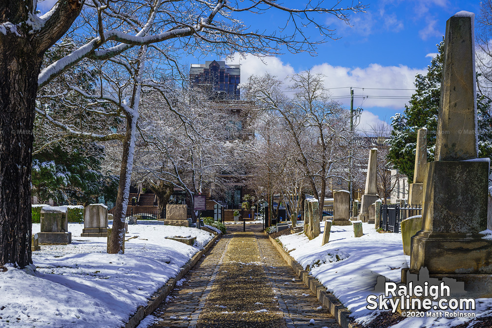 Raleigh City cemetery path in the snow