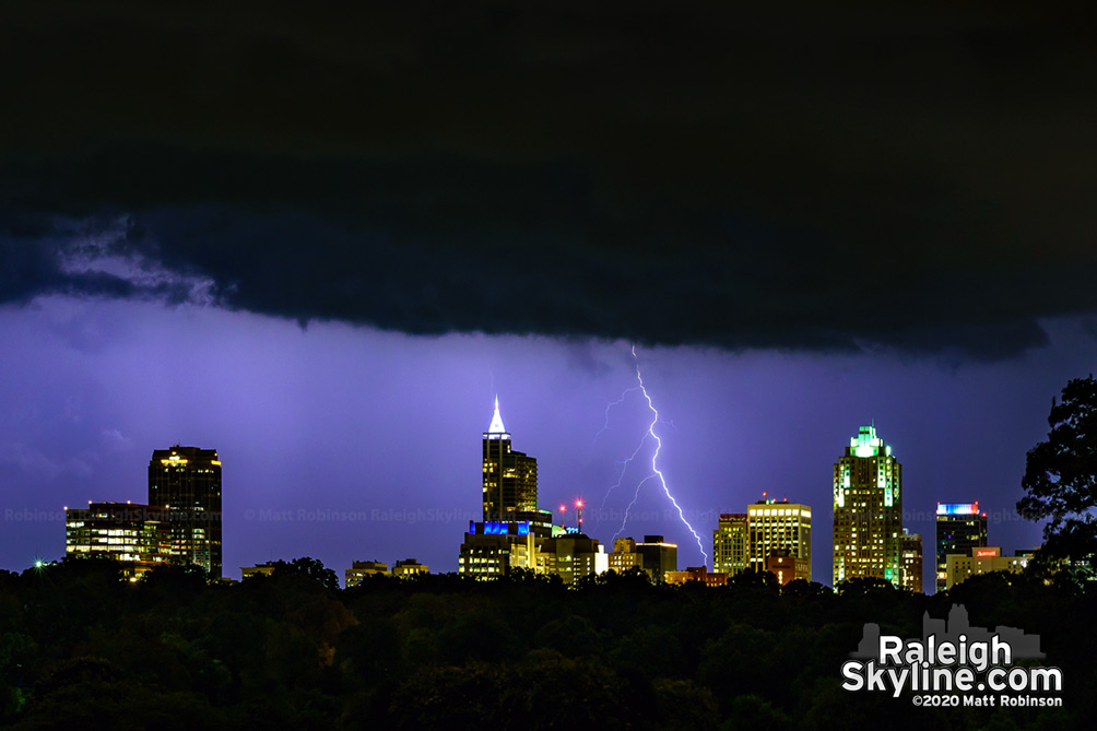 Lightning strikes behind the Raleigh skyline in this ominous looking scene