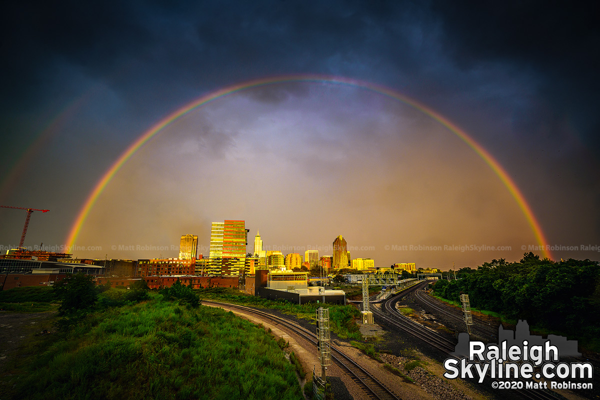 Full rainbow over downtown Raleigh just before sunset