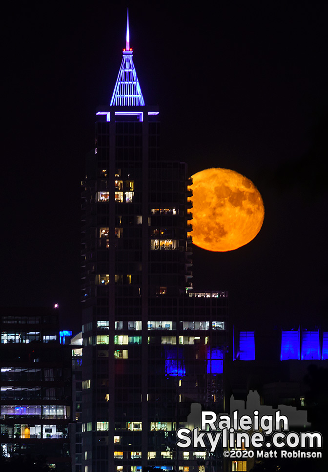 Orange moon rising behind Raleigh