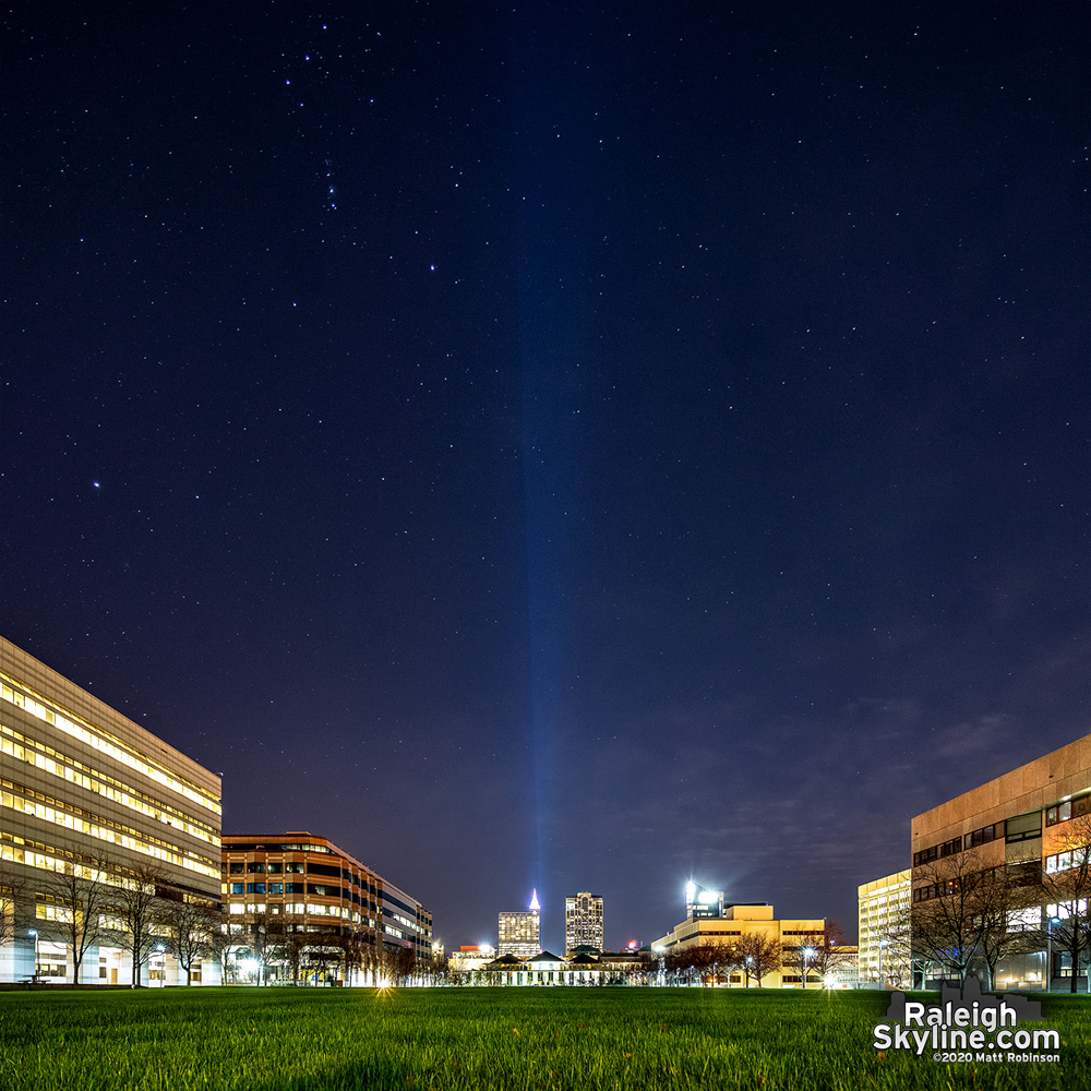 Light beams into the night sky from the new FNB Tower