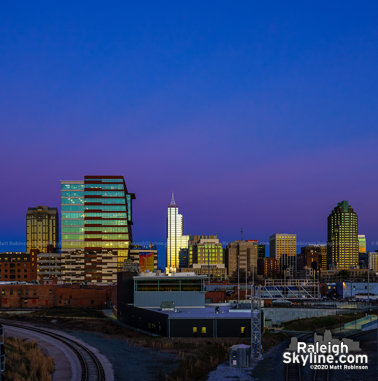 Raleigh Skyline with Belt of Venus sunset from Boylan Avenue Bridge