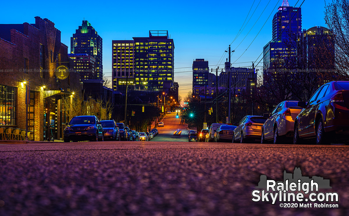 Downtown Raleigh from East Davie Street at twilight
