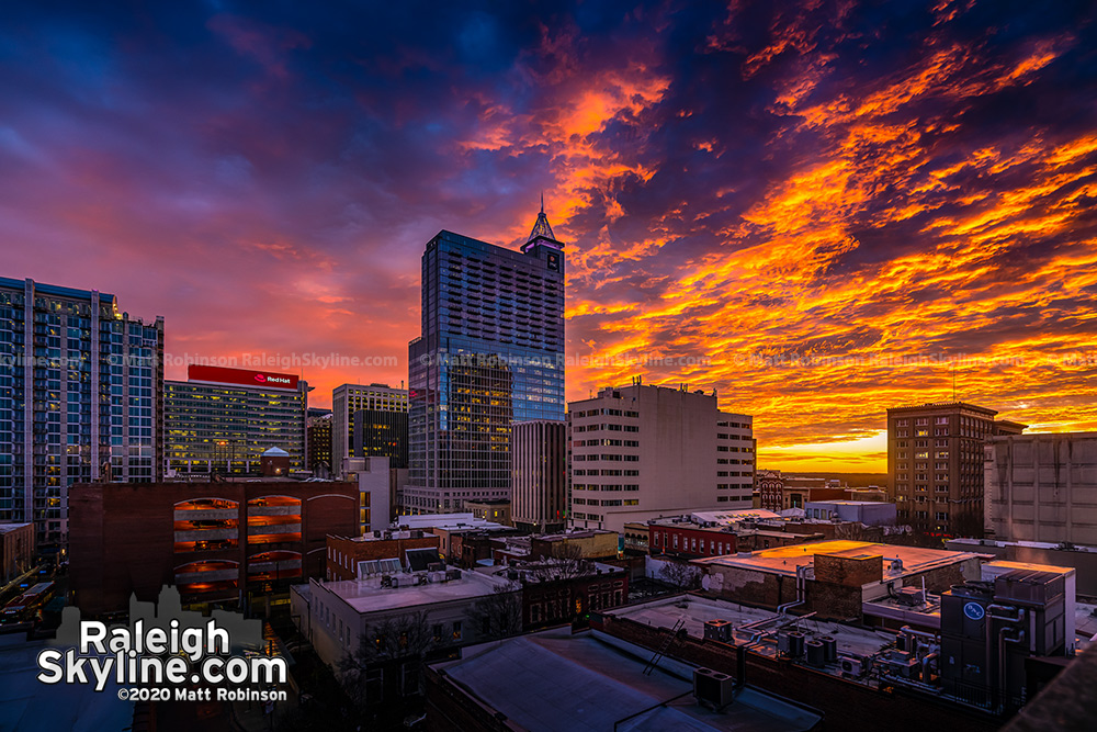 Vivid Sunset behind downtown Raleigh and the PNC Plaza