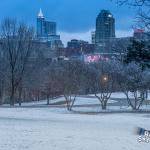 Snowy downtown Raleigh at sunrise on January 28, 2021