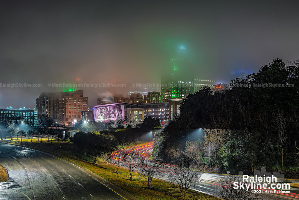 Downtown Raleigh fading into the fog at night
