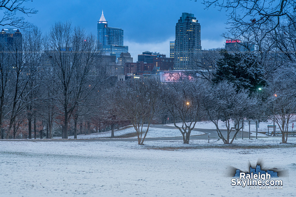 Snowy downtown Raleigh at sunrise on January 28, 2021