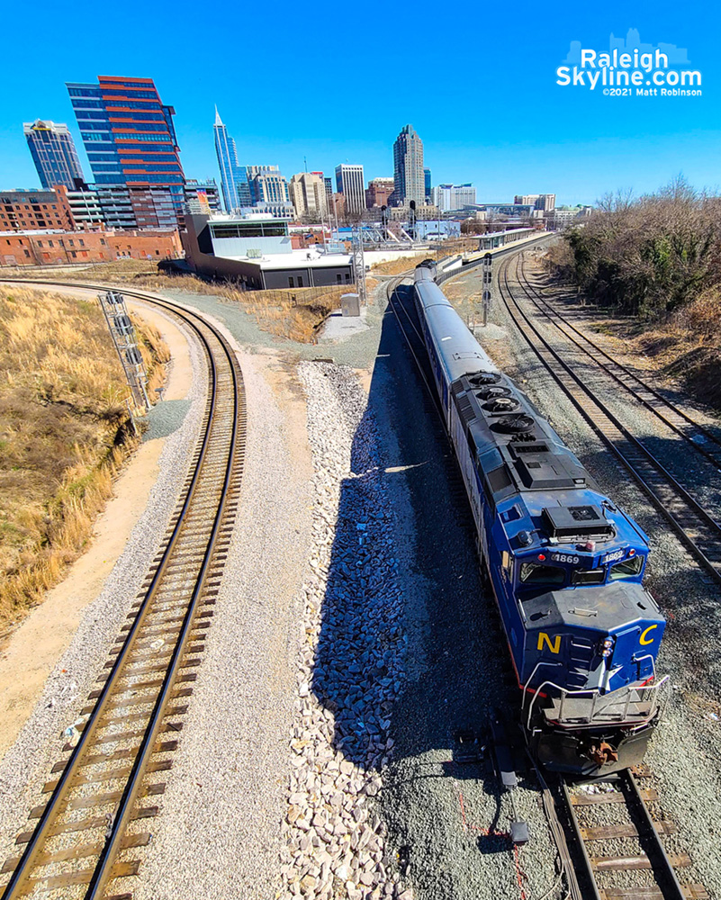 Amtrak departing downtown Raleigh on a sunny day