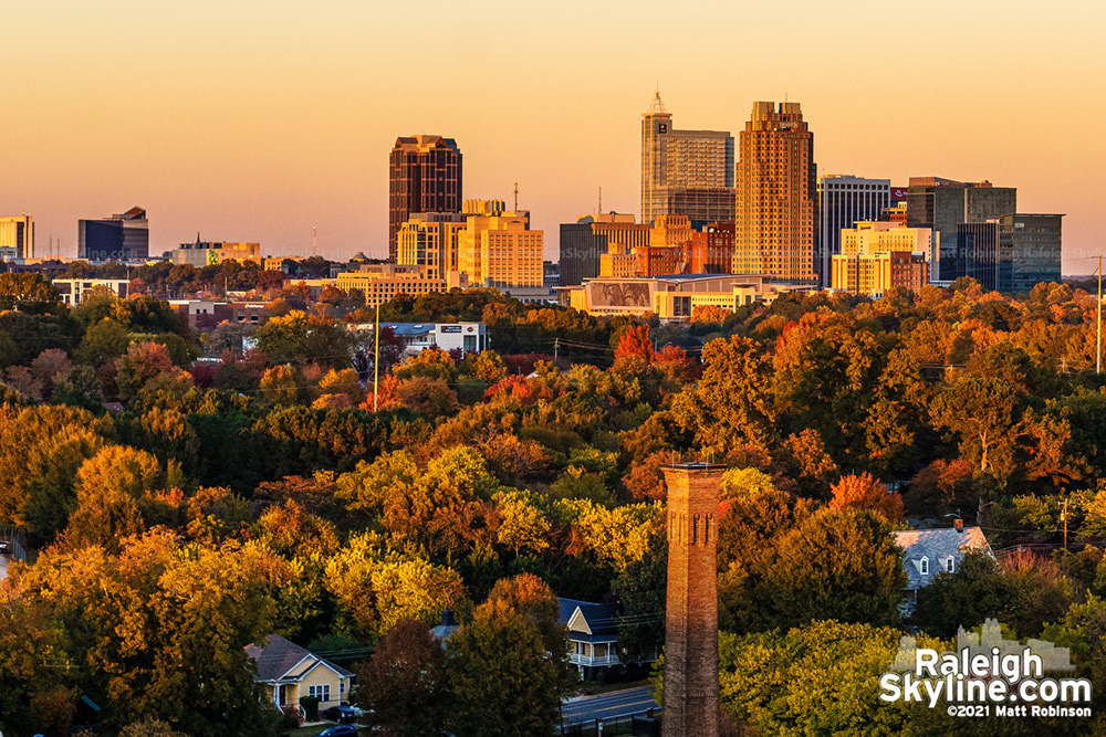 Fall colors at Sunset with Caraleigh Mills and downtown Raleigh