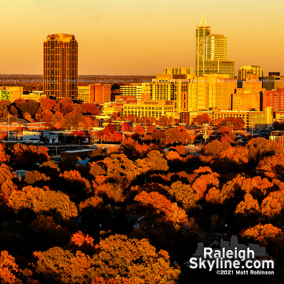 Final light of the day setting on downtown Raleigh during fall 2021