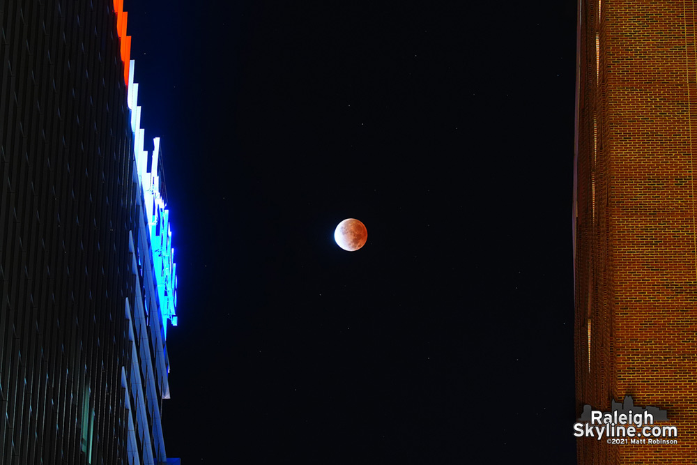 Lunar eclipse between Raleigh buildings