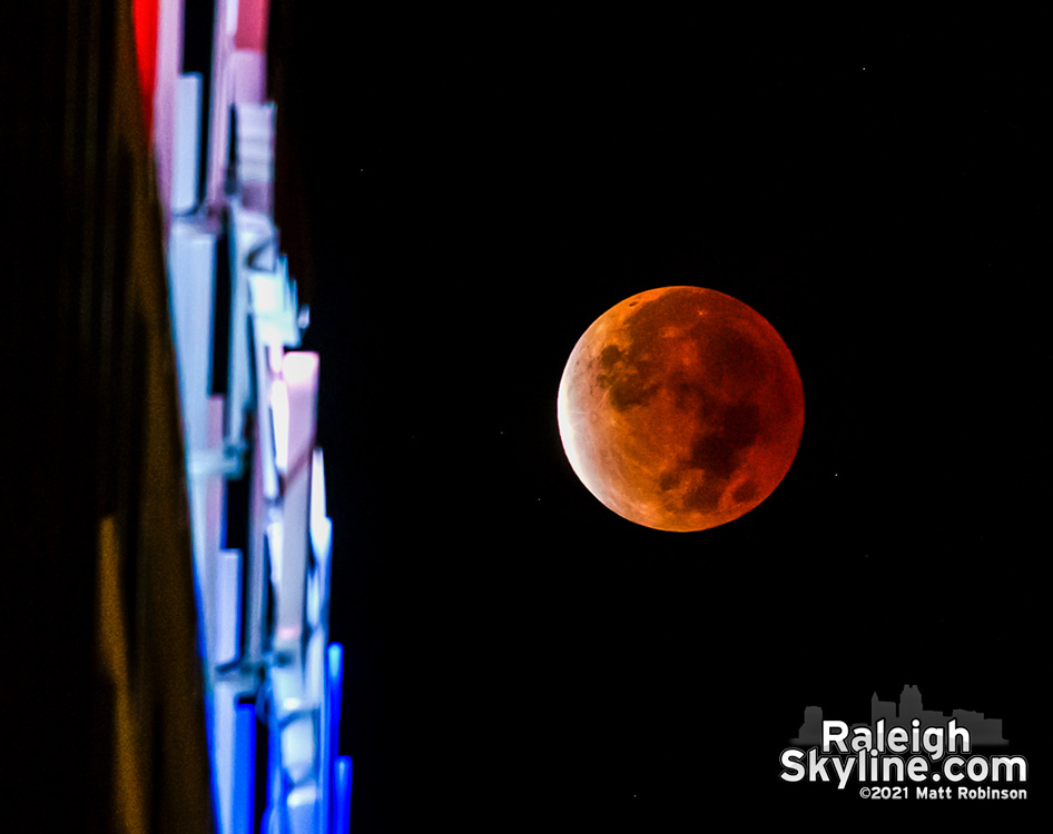 The lunar eclipse at maximum coverage, 4:01 AM EST November 19, 2021, viewed from downtown Raleigh. 
