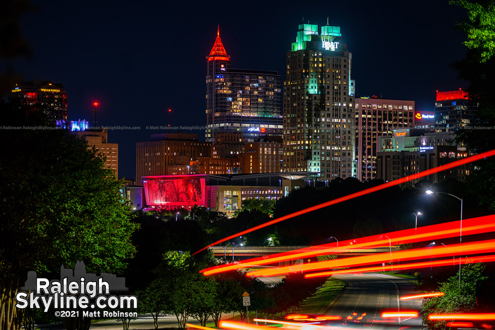 Downtown Raleigh skyline lit red for the Carolina Hurricanes