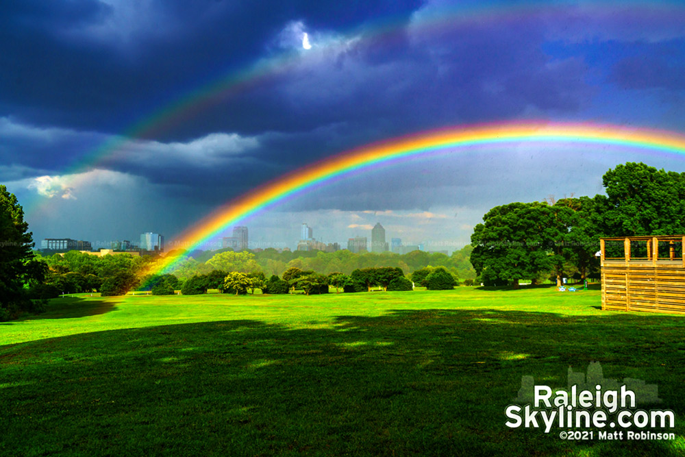 One of the brightest and most vivid rainbow in front of downtown Raleigh.