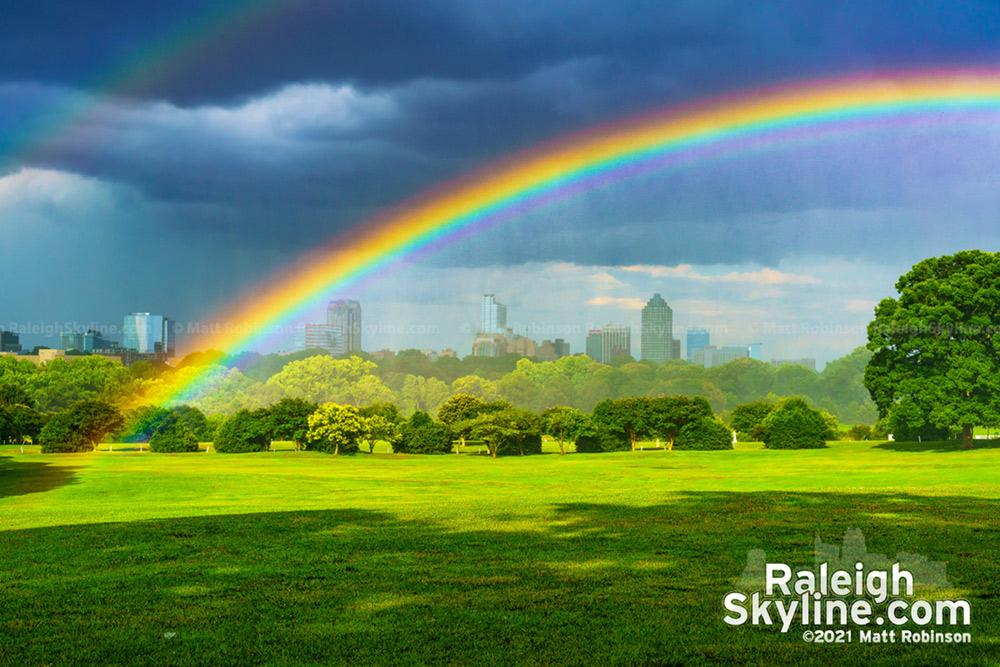 Vivid rainbow in front of downtown Raleigh